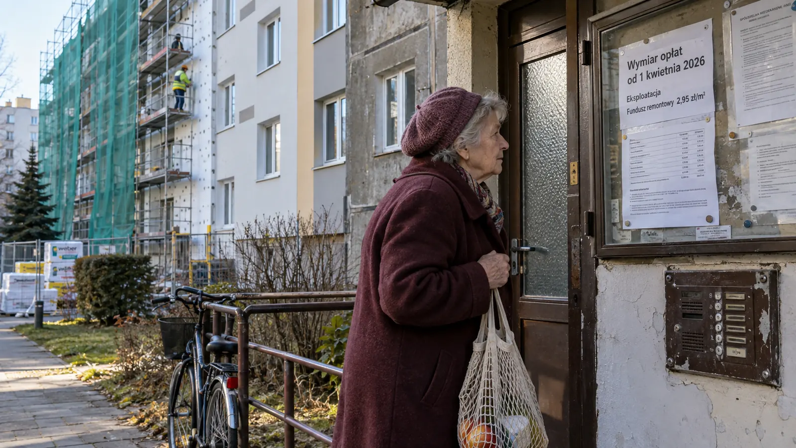 Mieszkanka czyta ogłoszenie o nowych stawkach opłat na tablicy przy wejściu do bloku, w tle rusztowanie na docieplanej ścianie