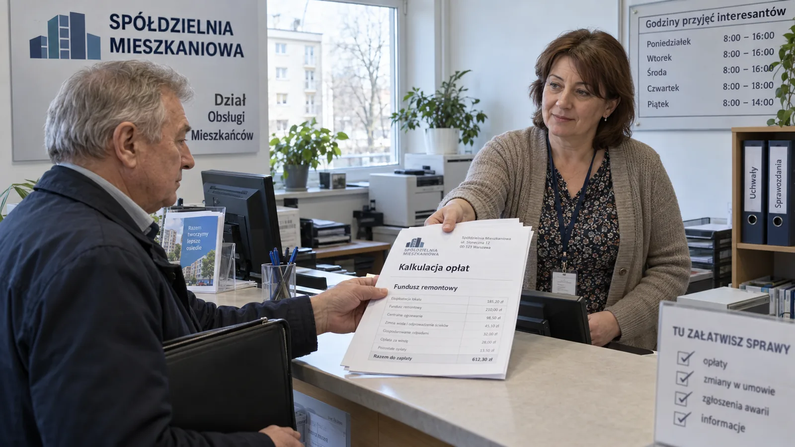 Mieszkaniec odbiera w biurze spółdzielni kalkulację opłat, której może żądać na podstawie ustawy o spółdzielniach mieszkaniowych