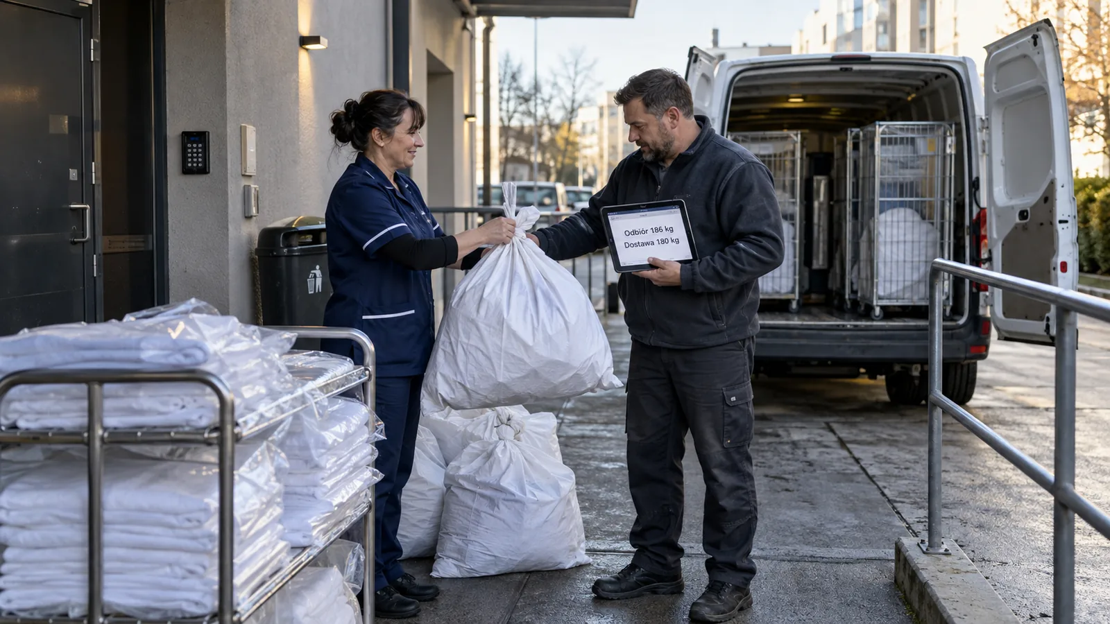 Pokojowa przekazuje kierowcy pralni worek z używaną pościelą przy wejściu dla personelu hotelu, obok wózek z czystą bielizną, w tle samochód dostawczy z koszami na pranie